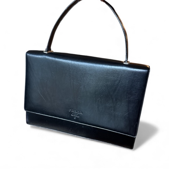 Vintage Prada Handbag Black Leather with front Logo